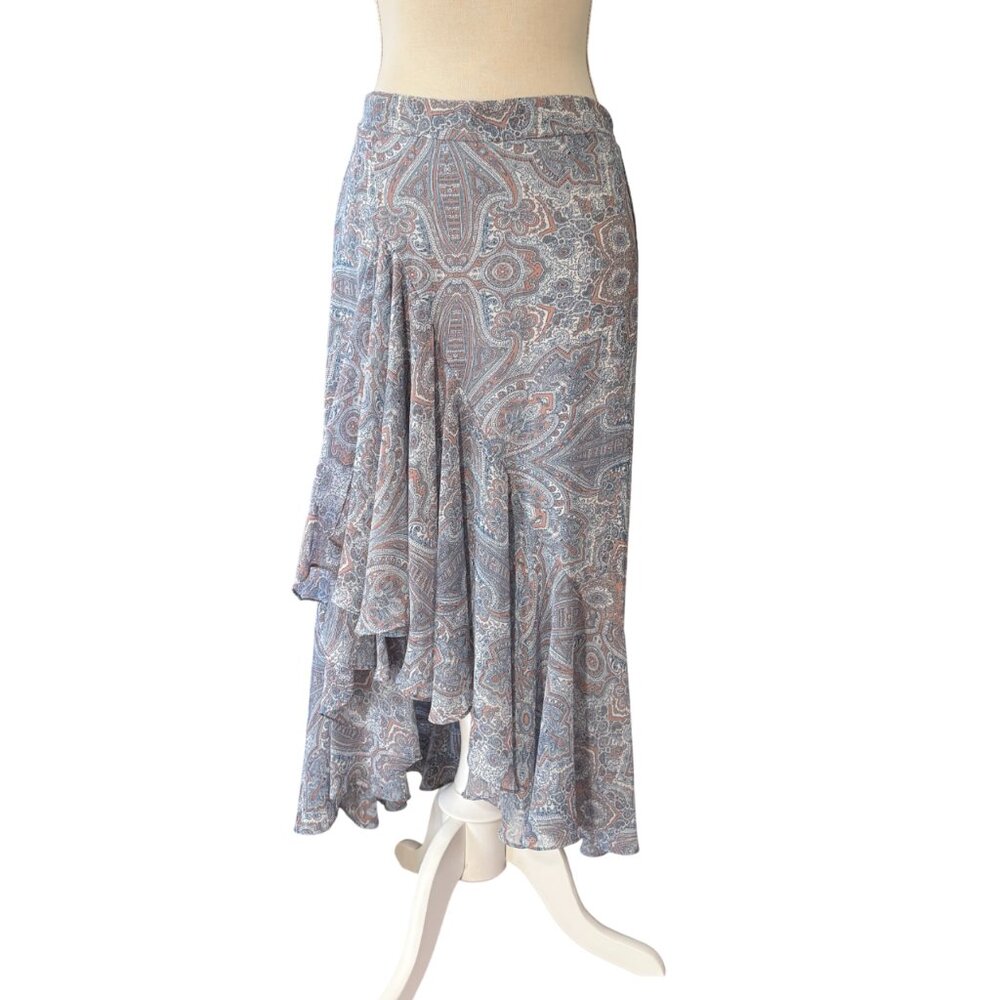 MISA Los Angeles paisley print skirt S small M medium high low ruffle blue
